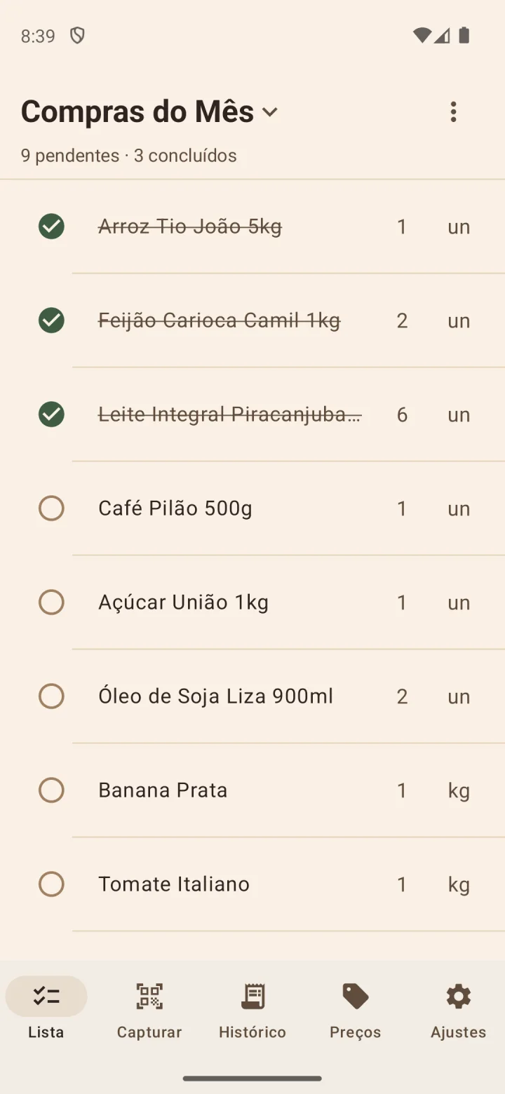 Tela Lista do Anotadíssimo: lista de compras do mês com itens marcados e pendentes