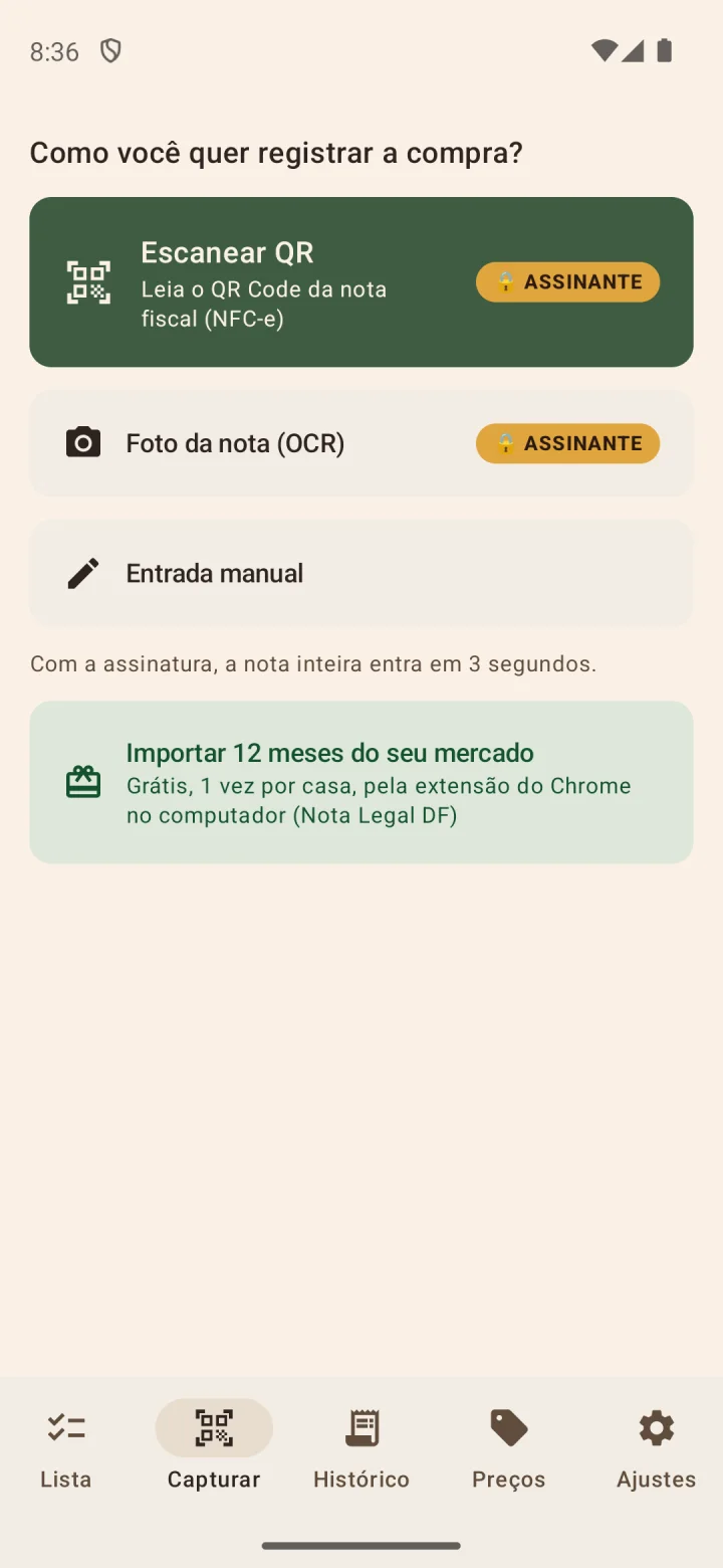 Tela Capturar do Anotadíssimo: escanear o QR Code da NFC-e, foto da nota ou entrada manual