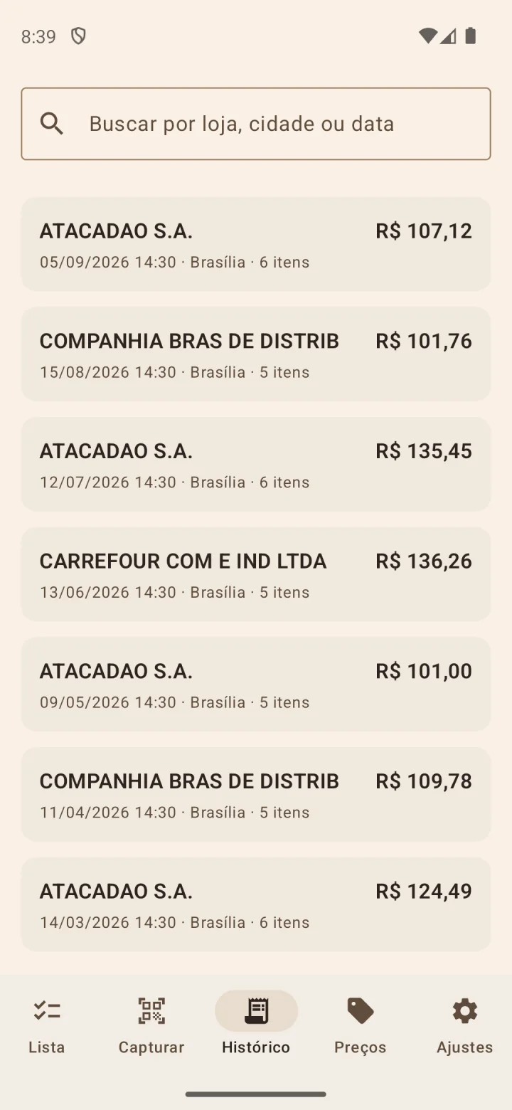Tela Histórico do Anotadíssimo: notas fiscais organizadas por loja, data e valor